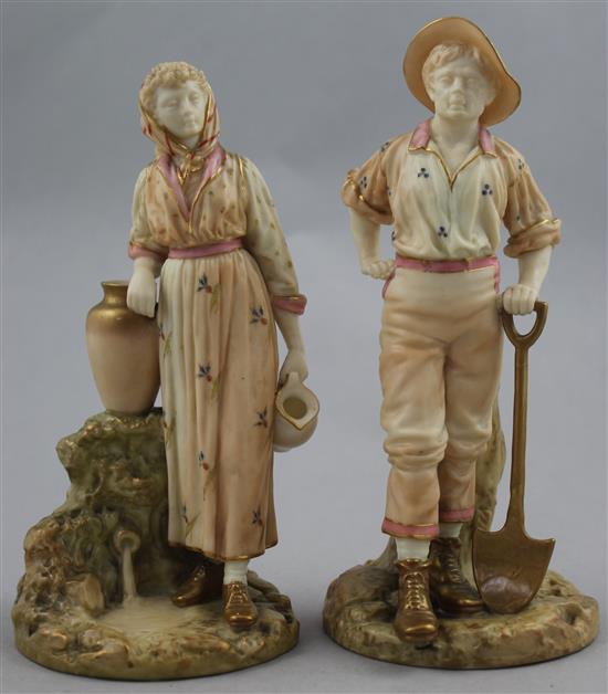 A pair of Royal Worcester porcelain figures of The Navvy and His Companion, modelled by James Hadley, c.1896, 17.5cm